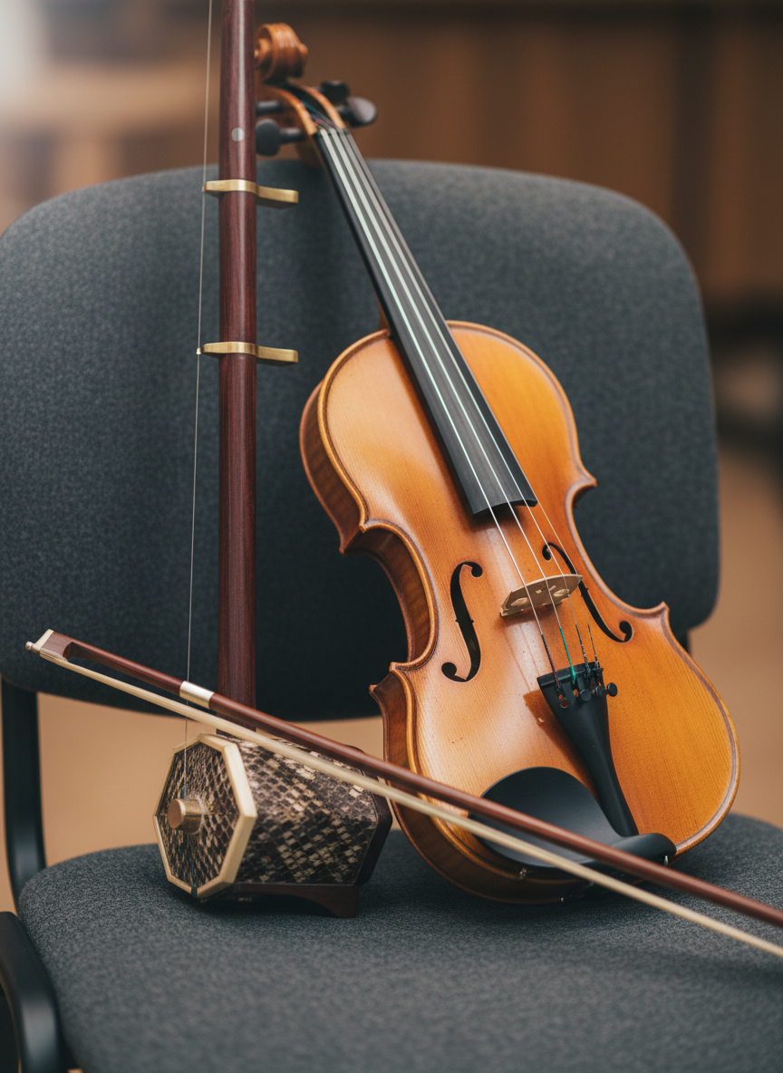 A close-up, photographic image of a Chinese erhu and a Western violin resting side by side on a charcoal-grey felt rehearsal chair. The erhu’s dark, polished wood and python-skin resonator contrast with the violin’s honey-colored varnish and fine spruce grain, their bows crossing gently in the foreground. Soft, diffused studio lighting from the left creates delicate highlights on the tuning pegs and metal strings, leaving the background in understated blur. Shot with a shallow depth of field from a slightly elevated angle, the composition emphasizes texture, craftsmanship, and dialogue between traditions, conveying a thoughtful, professional mood suitable for a fusion ensemble.