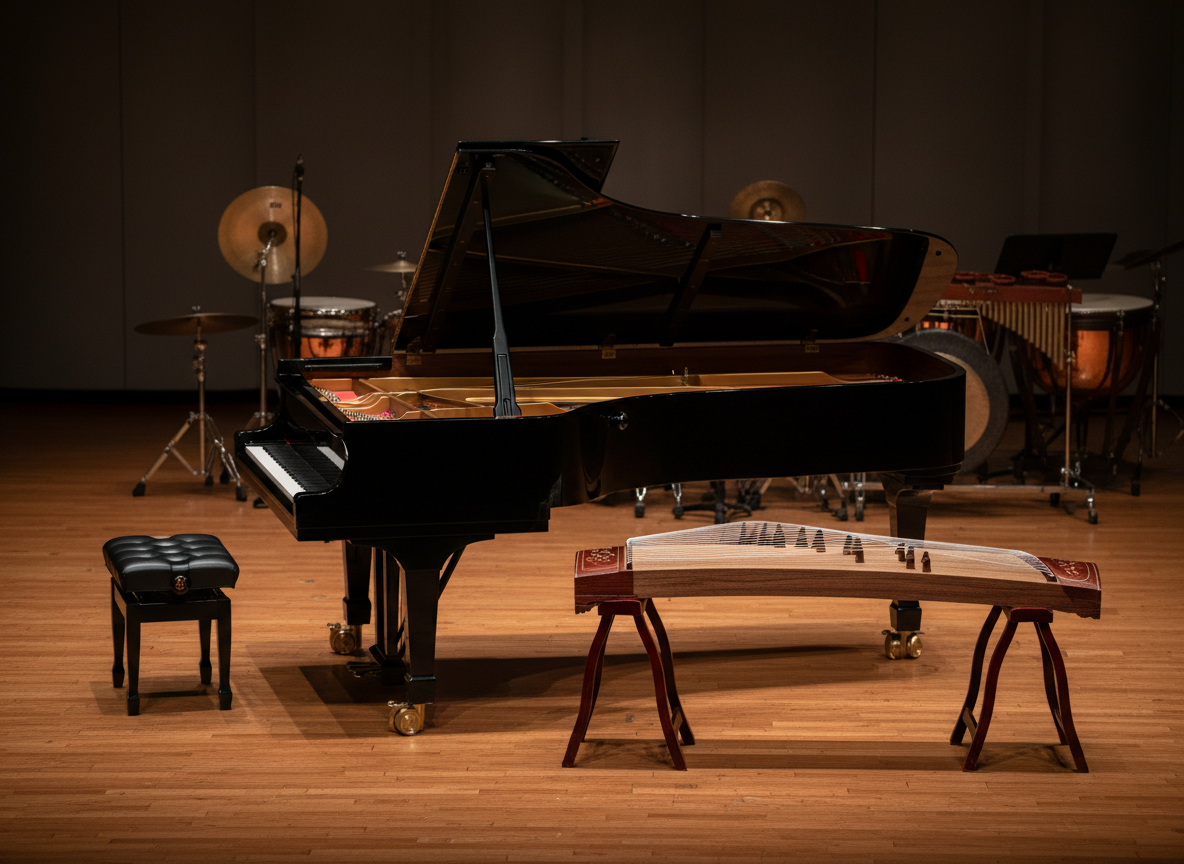 A polished black concert grand piano with its lid fully raised stands center stage beside an elegant Chinese guzheng with dark rosewood bridges and shimmering silk-metal strings. Both instruments rest on a warm-toned wooden stage floor, with neatly arranged Western and traditional Chinese percussion in the dim background. A single overhead spotlight and subtle side stage lights create photographic realism, casting soft reflections on the piano’s lacquered surface and gentle highlights along the guzheng’s carved edges. Captured at eye level in a wide horizontal composition, the image feels professional and poised, with a calm, anticipatory atmosphere that suggests an intercultural performance about to begin.