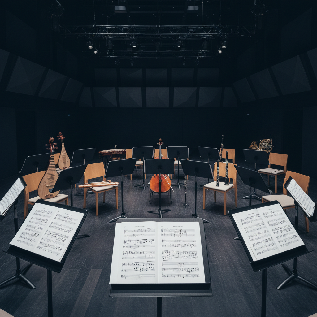An empty contemporary concert hall stage set for a Chinese–Western fusion performance, captured in photographic realism. At the front, a neat semicircle of music stands holds open scores marked with both Western notation and simplified Chinese characters. Behind them, pairs of chairs hold instruments: pipa, dizi, and yangqin interspersed with cello, clarinet, and French horn. Overhead rigging and acoustic panels recede into darkness. Cool, even stage wash lighting creates crisp, neutral illumination with gentle shadows under each chair. Framed from a slightly elevated, wide-angle perspective, the scene feels orderly, refined, and quietly energetic, suggesting meticulous preparation and cross-cultural collaboration.
