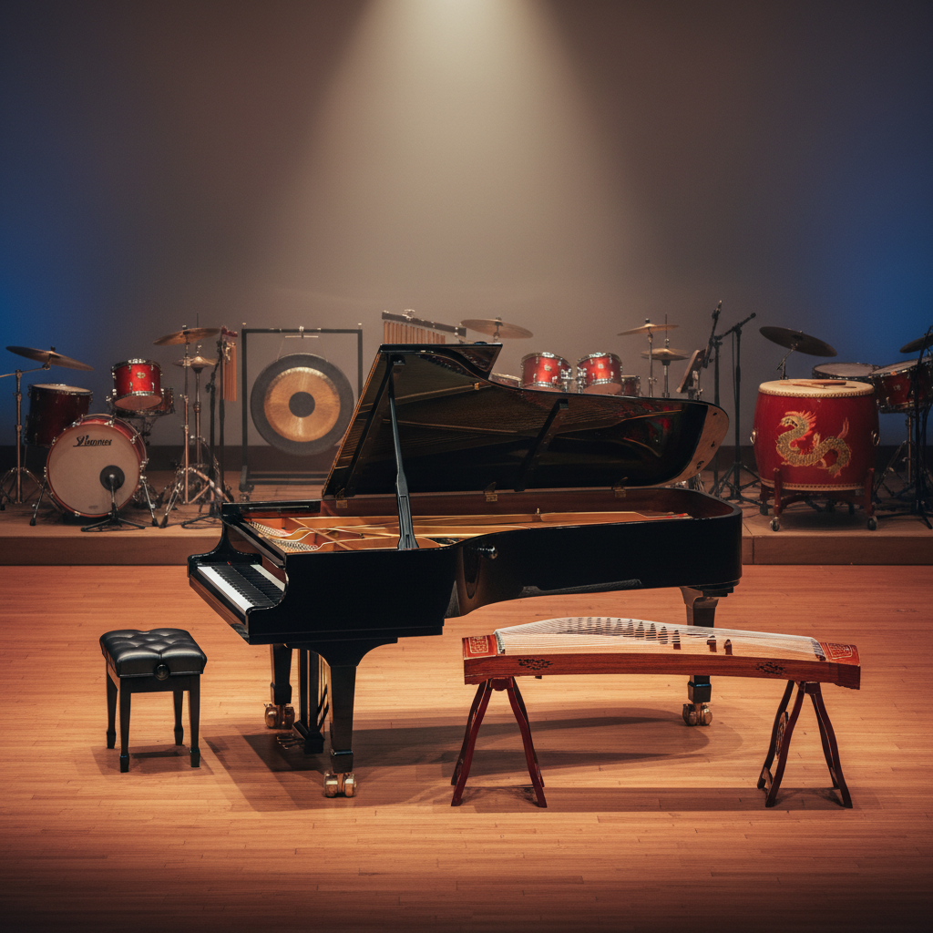 A polished black concert grand piano with its lid fully raised stands center stage beside an elegant Chinese guzheng with dark rosewood bridges and shimmering silk-metal strings. Both instruments rest on a warm-toned wooden stage floor, with neatly arranged Western and traditional Chinese percussion in the dim background. A single overhead spotlight and subtle side stage lights create photographic realism, casting soft reflections on the piano’s lacquered surface and gentle highlights along the guzheng’s carved edges. Captured at eye level in a wide horizontal composition, the image feels professional and poised, with a calm, anticipatory atmosphere that suggests an intercultural performance about to begin.