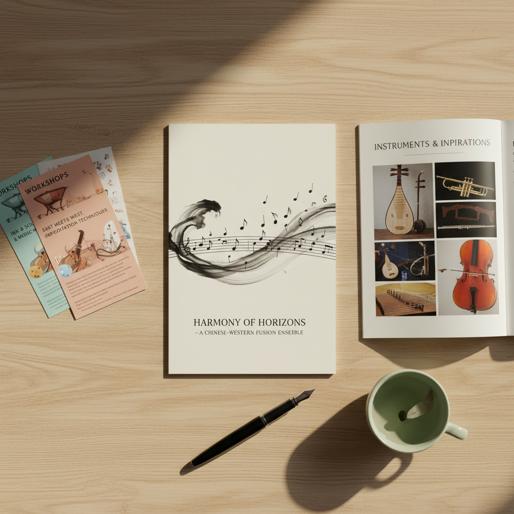 A meticulously arranged tabletop scene displays printed concert programmes and workshop flyers for a Chinese–Western fusion ensemble on a smooth, light oak surface. The main programme features a minimalist design: a stylized shoreline where ink-brush waves merge into staff lines and musical notes. Beside it, a glossy booklet lies slightly open, revealing photos of Chinese instruments alongside Western orchestral ones. A slim, black fountain pen and a delicate ceramic tea cup with pale green jasmine tea complete the composition. Natural afternoon light from a nearby window casts soft, angled shadows, creating a calm, professional atmosphere. Shot from directly above, the photographic image emphasizes clarity, organization, and thoughtful design.