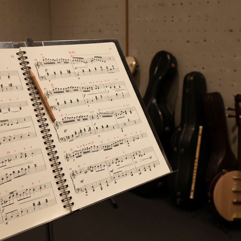 A high-resolution, photographic close-up of a music stand holding a fusion ensemble score in a softly lit rehearsal room. The pages show carefully engraved Western staff notation interwoven with occasional jianpu numerals and Chinese performance markings in neat calligraphic strokes. In the blurred background, instrument cases for both Chinese and Western instruments lean against an acoustic panel wall, their mixed shapes hinting at diversity. Warm overhead lighting produces gentle, even illumination across the paper, with subtle shadows along the spiral binding. Captured at a shallow angle with selective focus on the central measures, the image conveys meticulous artistry, cultural dialogue, and a focused, scholarly yet inviting mood.